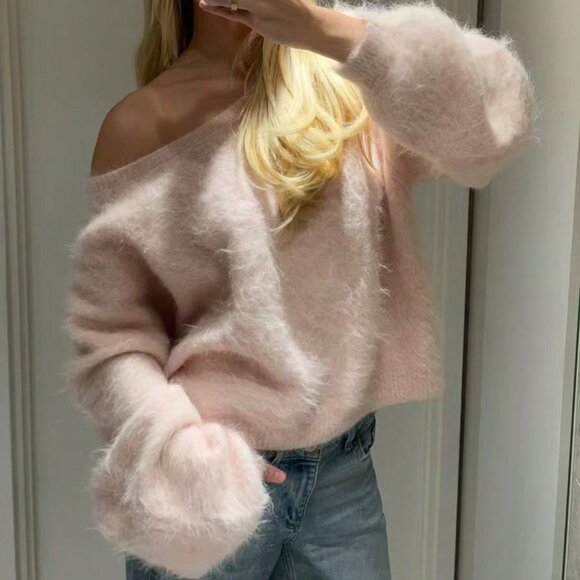 Pink Casual Women's Faux Fur Knit Loose Pullover Sweater - Picture 8 of 8